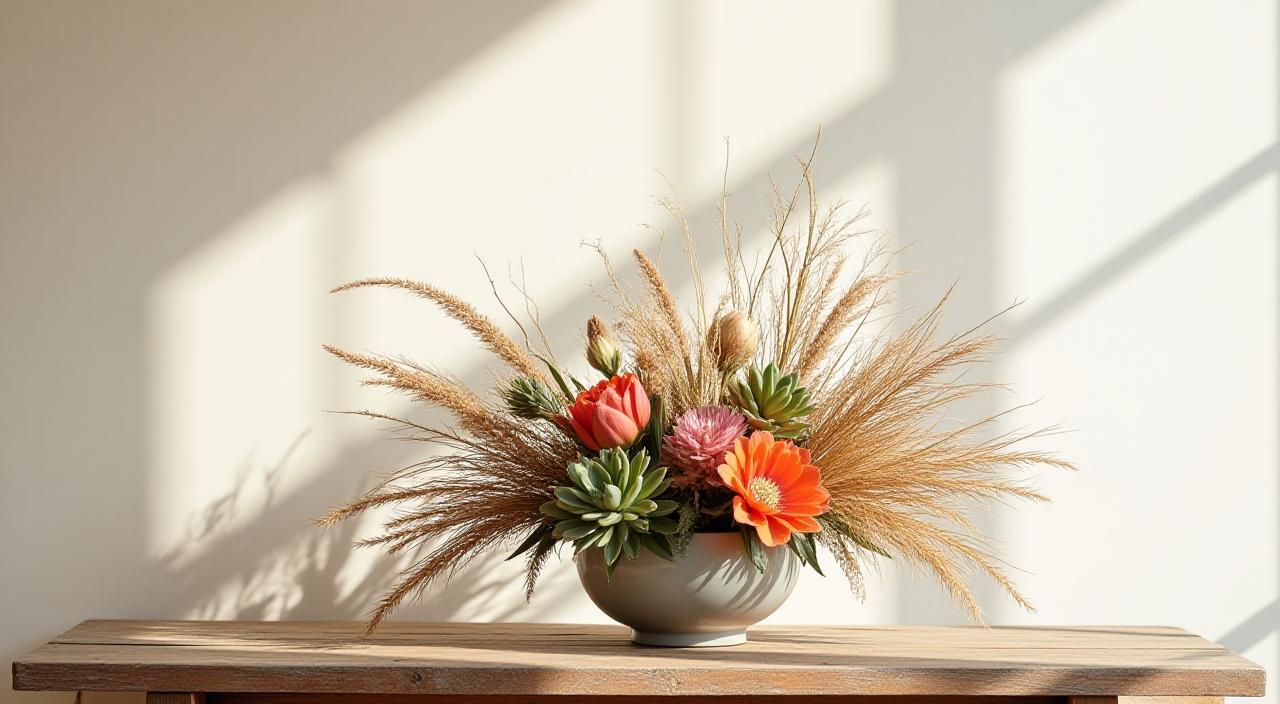 Artistic arrangement of dried and fresh desert-themed flowers on a recycled wood table